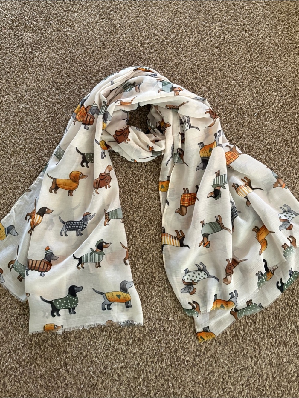 Dog Print Lightweight Scarf - White with Multicolor Dachshund Pattern